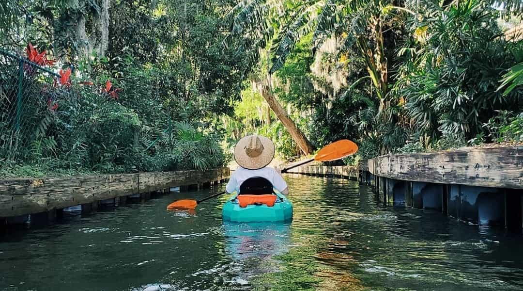 Dean Keeley kayaks along a narrow river surrounded by tropical plants and trees.